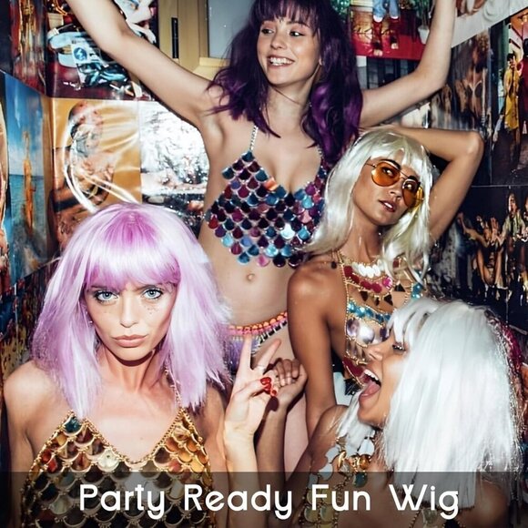 White Short Bob Wig with Bangs, 12" Heat Resistant Synthetic Hair for Cosplay - Picture 4 of 7